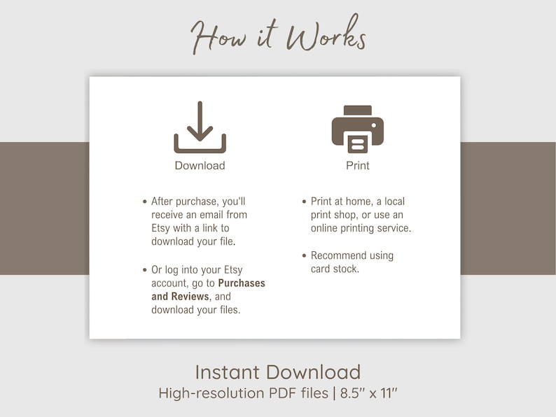 Peut inclure: Graphique explicatif &laquo;&nbsp;How it Works&nbsp;&raquo; pour le t&eacute;l&eacute;chargement et l'impression de fichiers PDF haute r&eacute;solution. L'image pr&eacute;sente des ic&ocirc;nes de t&eacute;l&eacute;chargement et d'impression, avec des instructions et des d&eacute;tails sur la taille des fichiers, 8,5" x 11".