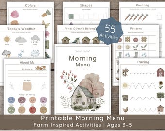 May include: A set of printable activity sheets for children aged 3-5, with farm-themed illustrations. The sheets cover colours, shapes, counting, patterns, tracing, and a morning menu. The design uses watercolour illustrations.