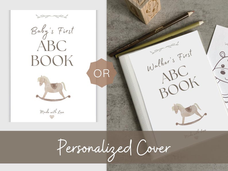 Printable baby shower ABC book featuring animals A–Z, ready-to-color pages, and a section for guests to write loving prayers or notes.