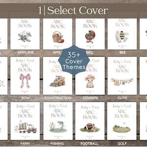 A display of baby ABC books with various cover themes, including Neutral, Woodland, Safari, and more. Each book cover features watercolor illustrations and the text "Baby's First ABC BOOK". The image also includes the text "Choose Your Cover" and "35+ Cover Themes".