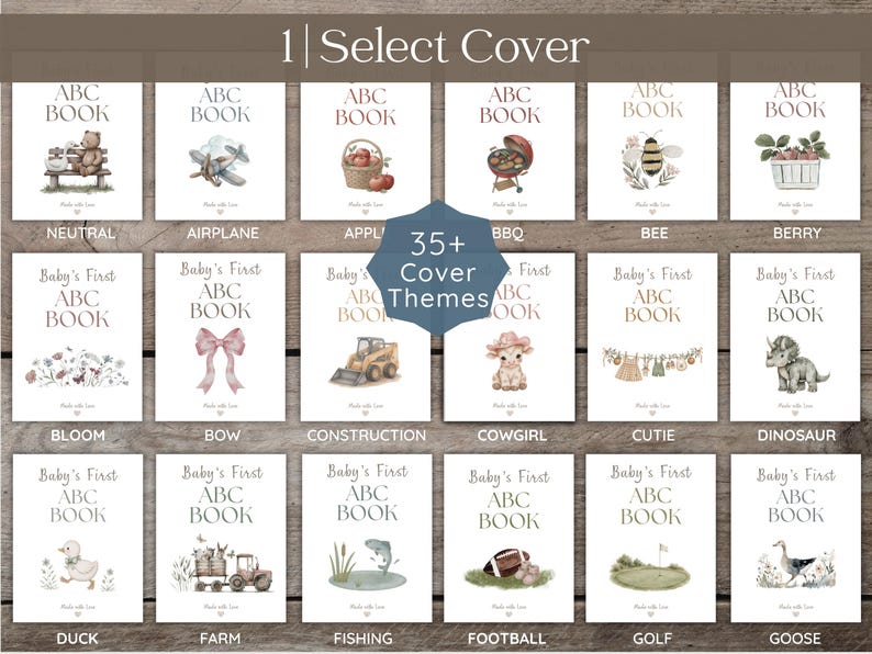 A display of baby ABC books with various cover themes, including Neutral, Woodland, Safari, and more. Each book cover features watercolor illustrations and the text "Baby's First ABC BOOK". The image also includes the text "Choose Your Cover" and "35+ Cover Themes".