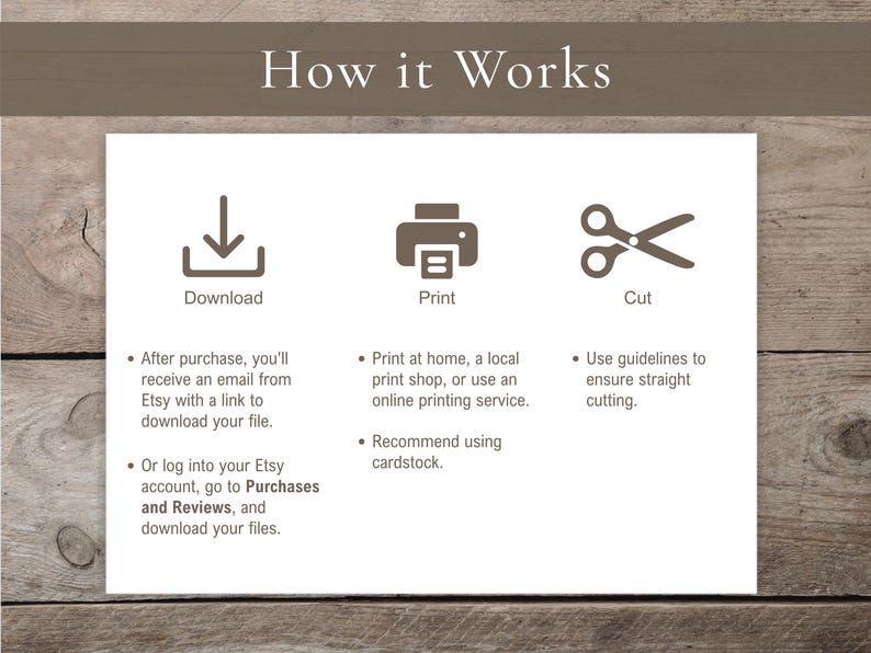 A three-step instructional graphic with icons for Download, Print, and Cut. It explains how to access files via Etsy and recommends using cardstock for the best results.
