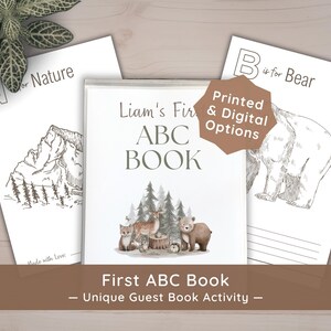 May include: A personalized ABC book titled Liam's First ABC BOOK featuring a forest animal illustration. Two additional activity pages are visible, one showing N for Nature with a mountain sketch and another showing B is for Bear with a bear drawing.