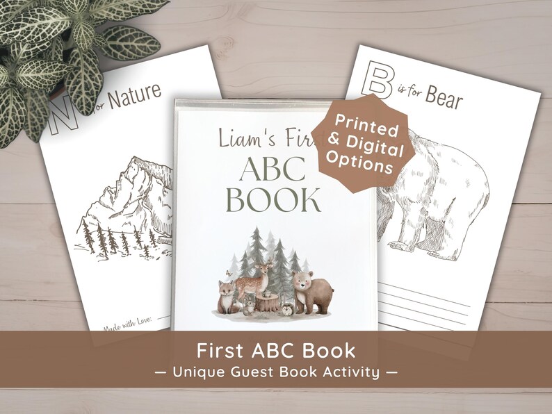 May include: A personalized ABC book titled Liam's First ABC BOOK featuring a forest animal illustration. Two additional activity pages are visible, one showing N for Nature with a mountain sketch and another showing B is for Bear with a bear drawing.