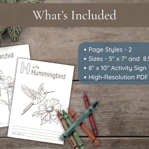 Infographic titled "What’s Included" showing two page styles, sizes in 5x7 and 8.5x11 inches, an 8x10 activity sign, and high-resolution PDF files. Colorful crayons are scattered at the bottom.