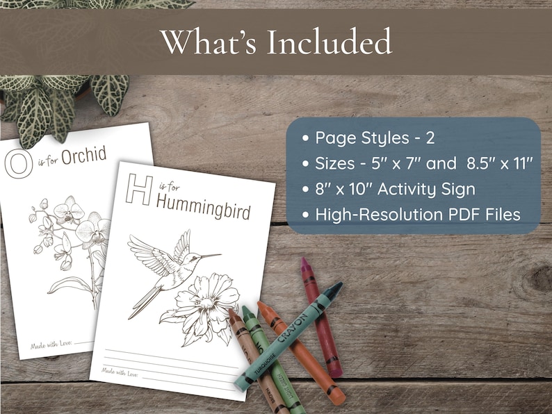 Infographic titled "What’s Included" showing two page styles, sizes in 5x7 and 8.5x11 inches, an 8x10 activity sign, and high-resolution PDF files. Colorful crayons are scattered at the bottom.