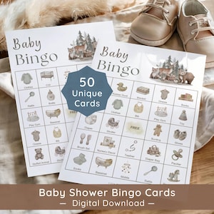 Woodland baby shower bingo printable featuring watercolor forest animals, neutral earthy tones, and baby-themed bingo cards for a gender-neutral baby shower game. Editable digital download includes 50 unique bingo cards in two print sizes with woodland nursery decor aesthetic, ideal for modern rustic baby showers and boutique baby shower parties.