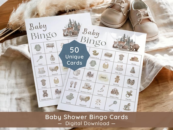 Woodland Baby Shower Bingo Game, Prefilled Picture Bingo Cards Printable, 50 People, Digital Download Gender Neutral Activity