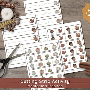 May include: A collection of white paper cutting strip activity sheets with fall-themed illustrations of pumpkins, acorns, and leaves. A pair of scissors and fall harvest items like corn and pumpkins are also visible. The text "FALL Edition" is present.