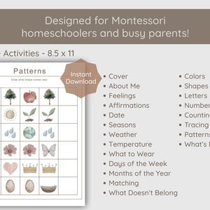 Peut inclure: Feuille d'activit&eacute;s &eacute;ducatives imprimable pour l'&eacute;cole &agrave; la maison, avec des motifs, des formes et des couleurs. Le texte indique &laquo; Con&ccedil;u pour les &eacute;coles &agrave; la maison Montessori et les parents occup&eacute;s ! &raquo; et &laquo; 90+ Activit&eacute;s - 21,6 x 27,9 cm &raquo;.