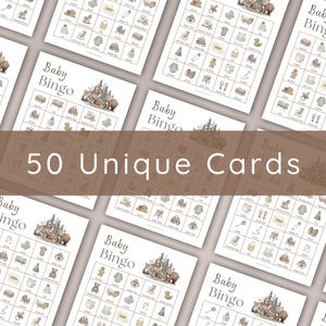 A collection of baby bingo cards with a neutral color palette. Each card features illustrations of baby-related items and a castle graphic. The text "Baby Bingo" and "50 Unique Cards" are displayed.