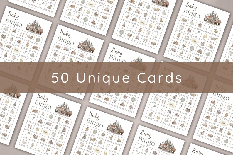 A collection of baby bingo cards with a neutral color palette. Each card features illustrations of baby-related items and a castle graphic. The text "Baby Bingo" and "50 Unique Cards" are displayed.