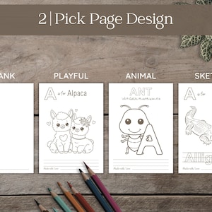 A selection of printable pages with the text "Choose Your Page Style". The pages include "Blank", "Playful", "Animal", and "Sketch" options. The "Animal" page features an ant, and the "Sketch" page features an alligator. Colored pencils are visible.