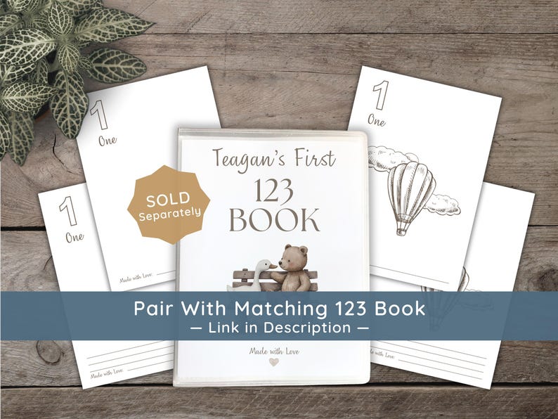May include: A white binder titled Teagan's First 123 BOOK featuring a brown teddy bear and a white goose on a bench, surrounded by white pages with the number 1, the word One, and a hot air balloon illustration, with a gold SOLD SEPARATELY label.
