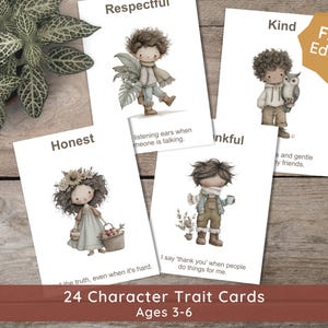 May include: A set of 24 character trait cards for ages 3-6, featuring illustrations of children demonstrating positive traits like honesty and kindness. The cards have text such as "Respectful" and "Honest" with related phrases. A "Fall Edition" sticker is visible.