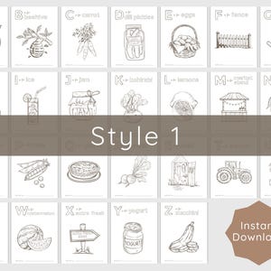 May include: A collection of black and white illustrations of various objects, each labeled with a letter of the alphabet. The illustrations include an apple, a beehive, carrots, dill pickles, eggs, a fence, and gardening tools.