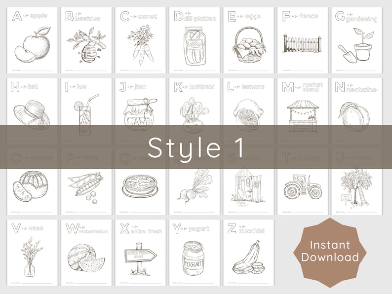 May include: A collection of black and white illustrations of various objects, each labeled with a letter of the alphabet. The illustrations include an apple, a beehive, carrots, dill pickles, eggs, a fence, and gardening tools.