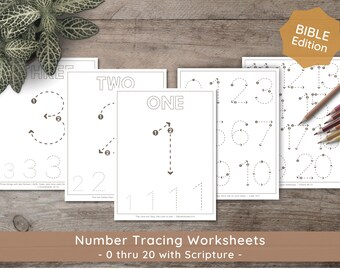 Scripture Number Tracing Worksheets 0-20 for Christian Homeschool: Kindergarten and Preschool Curriculum Bible Verses (PDF)