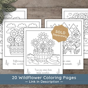 Five additional wildflower-themed coloring pages with inspirational quotes like "True joy comes from being ourselves." Text overlay states "20 Wildflower Coloring Pages — Link in Description."