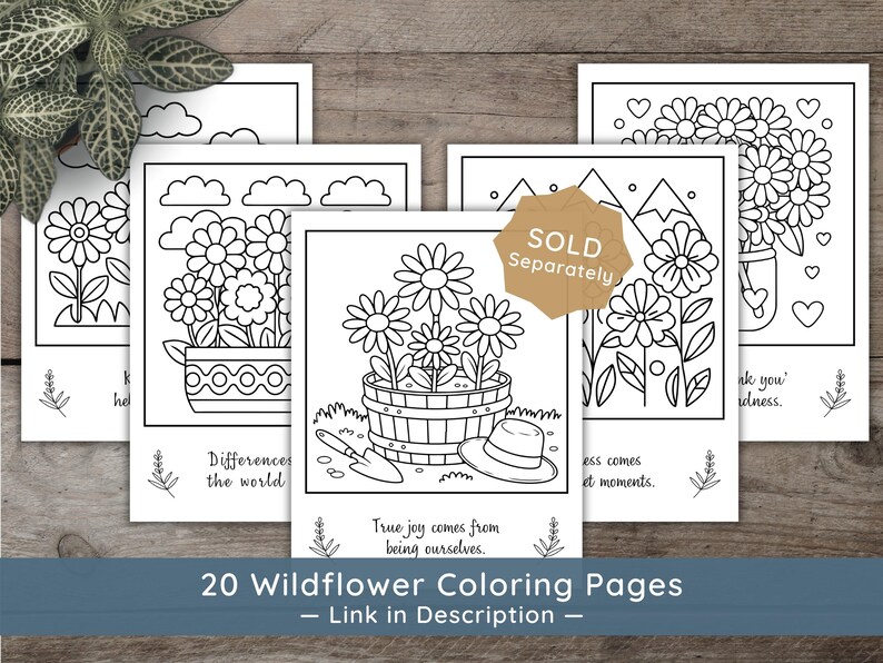 Five additional wildflower-themed coloring pages with inspirational quotes like "True joy comes from being ourselves." Text overlay states "20 Wildflower Coloring Pages — Link in Description."