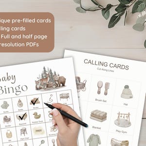 Baby Bingo game with 50 unique bingo cards and 30 calling cards. The bingo cards feature illustrations of baby-related items. The calling cards have illustrations of baby items. The sizes are full and half page, and the PDFs are high-resolution.