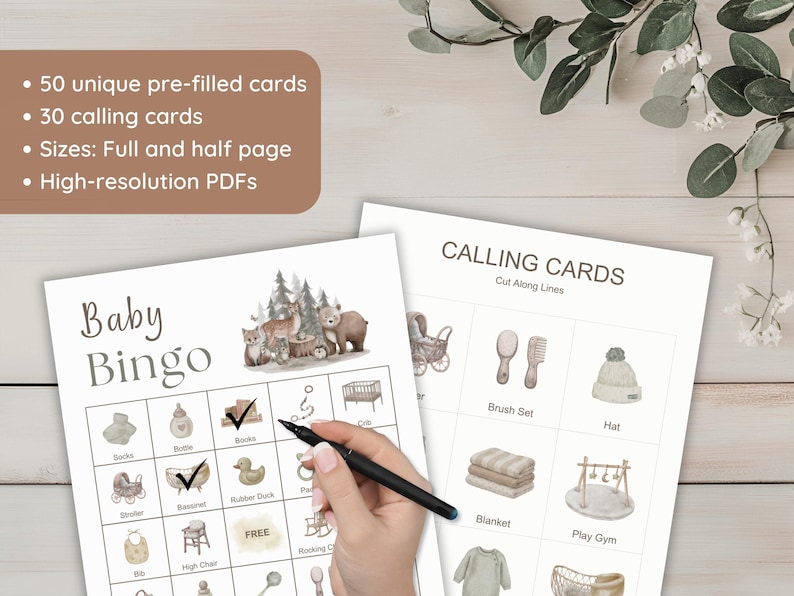 Baby Bingo game with 50 unique bingo cards and 30 calling cards. The bingo cards feature illustrations of baby-related items. The calling cards have illustrations of baby items. The sizes are full and half page, and the PDFs are high-resolution.