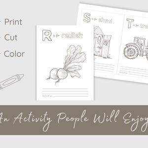 May include: Black and white line drawings of an activity book with the letters R, S, and T. The R page shows a radish, the S page shows a shed, and the T page shows a tractor. The text "Print, Cut, Color" is also visible.