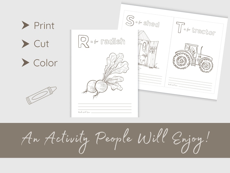 May include: Black and white line drawings of an activity book with the letters R, S, and T. The R page shows a radish, the S page shows a shed, and the T page shows a tractor. The text "Print, Cut, Color" is also visible.