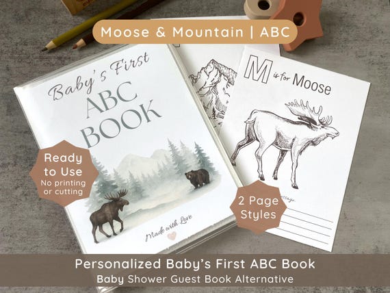 ABC Coloring Book Baby Shower Guest Book Alternative | Moose and Mountain Outdoor Theme 1st Birthday