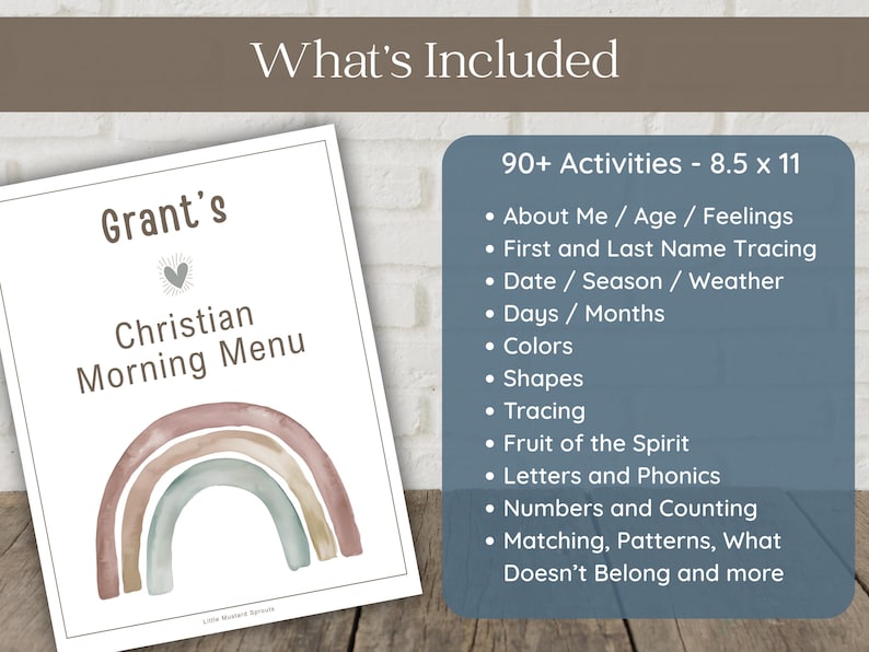 Screen-free Christian educational workbook for toddlers and preschoolers, featuring personalized dry erase pages, early literacy skills, and mini Bible stories in a clutter-free and calming design.