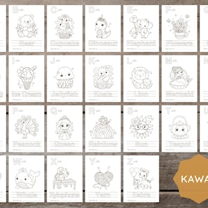 May include: A collection of twenty-six black and white coloring pages featuring alphabet letters from A to Z. Each page displays a kawaii-style illustration of an animal or object corresponding to the letter, with the name written below for tracing.