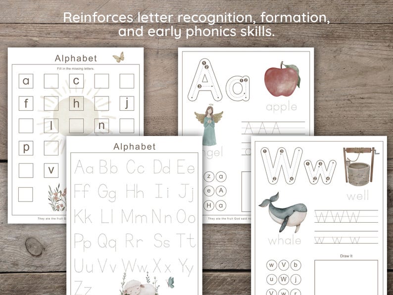 Screen-free Christian educational workbook for toddlers and preschoolers, featuring personalized dry erase pages, early literacy skills, and mini Bible stories in a clutter-free and calming design.