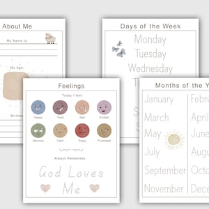 Peut inclure: Un ensemble de quatre pages imprimables &eacute;ducatives avec des illustrations &agrave; l'aquarelle. Les pages comprennent "&Agrave; propos de moi", "Jours de la semaine", "Mois de l'ann&eacute;e" et "Sentiments". La page "Sentiments" a une section "Aujourd'hui je me sens".