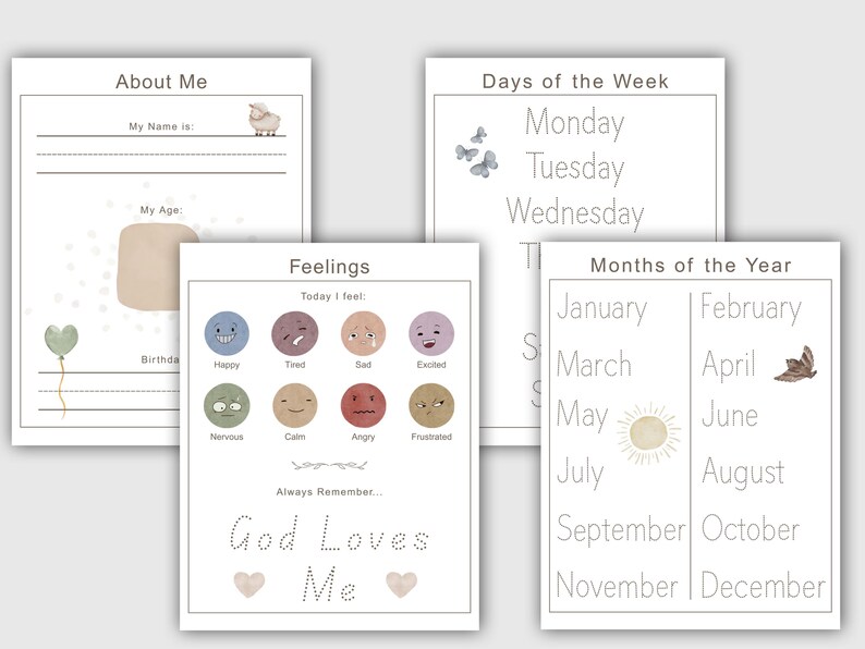 Peut inclure: Un ensemble de quatre pages imprimables &eacute;ducatives avec des illustrations &agrave; l'aquarelle. Les pages comprennent "&Agrave; propos de moi", "Jours de la semaine", "Mois de l'ann&eacute;e" et "Sentiments". La page "Sentiments" a une section "Aujourd'hui je me sens".