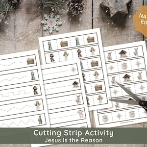 Nativity Scene Christmas Cutting Strips: Printable Christian Homeschool Preschool Curriculum Scissors Practice PreK & Kindergarten