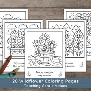 May include: A collection of 20 wildflower coloring pages with black line drawings of flowers, clouds, mountains, and hearts. The pages include inspirational quotes. Colored pencils are in the foreground. The text at the bottom reads: 20 Wildflower Coloring Pages - Teaching Gentle Values -.