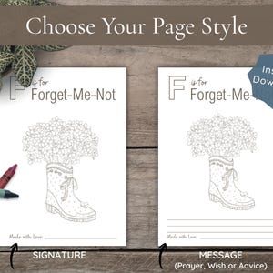 A comparison of two layout options for the letter F "Forget-Me-Not." The "Signature" style features a single line for a name, while the "Message" style includes multiple lines for a prayer, wish, or advice.
