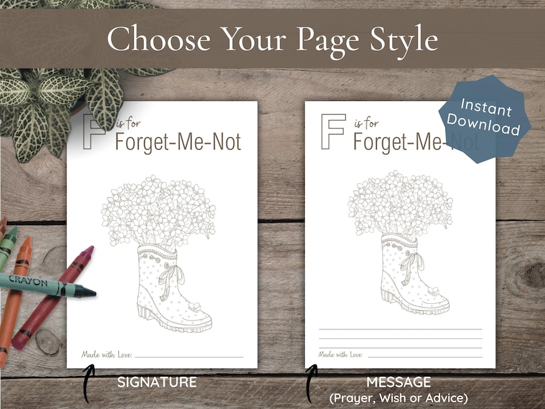 A comparison of two layout options for the letter F "Forget-Me-Not." The "Signature" style features a single line for a name, while the "Message" style includes multiple lines for a prayer, wish, or advice.