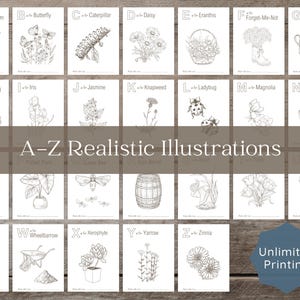 A grid displaying all 26 alphabet pages from A to Z, each featuring a realistic botanical or garden-themed illustration like Apple Blossom, Hummingbird, and Zinnia. Text overlay says "Unlimited Printing."