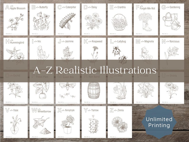 A grid displaying all 26 alphabet pages from A to Z, each featuring a realistic botanical or garden-themed illustration like Apple Blossom, Hummingbird, and Zinnia. Text overlay says "Unlimited Printing."