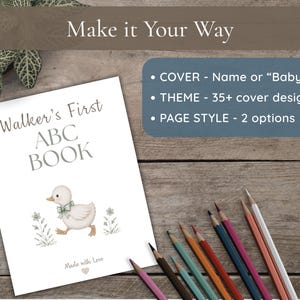 Physical baby shower ABC book featuring animals A–Z, ready-to-color pages, and a section for guests to write loving prayers or notes.