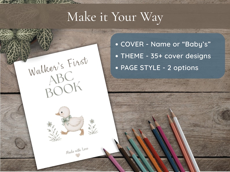Physical baby shower ABC book featuring animals A–Z, ready-to-color pages, and a section for guests to write loving prayers or notes.