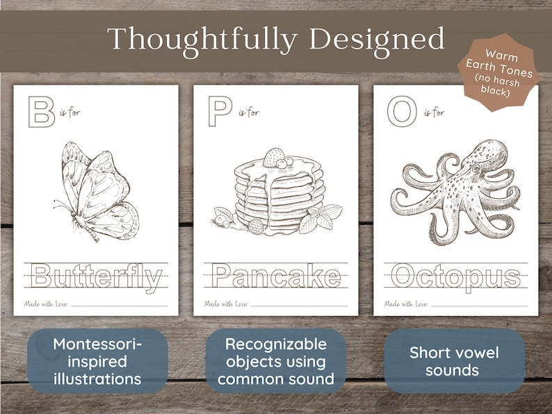 May include: Three educational coloring pages featuring the letters B, P, and O. Each page displays a line drawing of a butterfly, a stack of pancakes, or an octopus, with corresponding text and practice lines for writing the words below each illustration.