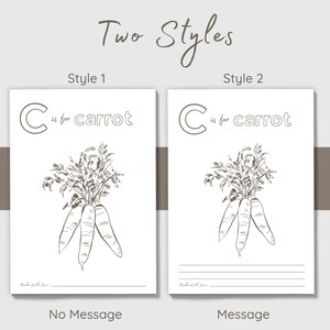 May include: Two styles of educational art prints. Each print features a hand-drawn illustration of carrots with the text "C is for carrot." Style 1 has no message, while Style 2 includes lines for writing.