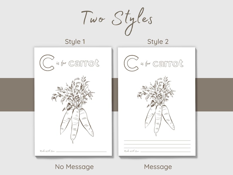 May include: Two styles of educational art prints. Each print features a hand-drawn illustration of carrots with the text "C is for carrot." Style 1 has no message, while Style 2 includes lines for writing.