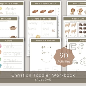Christliches Morgenmenü, druckbares Vorschul-Homeschool-Belegtbuch | Bibelaktivität PreK Bundle, Vorschul-Arbeitsblätter | 3 4 Jahre alt