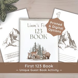 May include: A set of activity pages and a booklet titled Liam's First 123 BOOK, featuring illustrations of mountains, pine trees, a deer, a bear, a fox, and a hedgehog. A brown badge on the cover displays the text Printed & Digital Options.