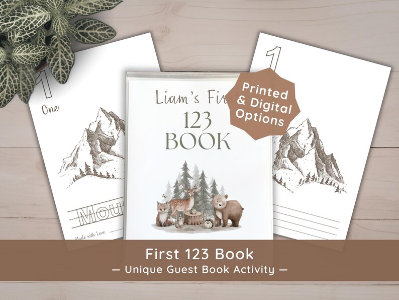 May include: A set of activity pages and a booklet titled Liam's First 123 BOOK, featuring illustrations of mountains, pine trees, a deer, a bear, a fox, and a hedgehog. A brown badge on the cover displays the text Printed & Digital Options.