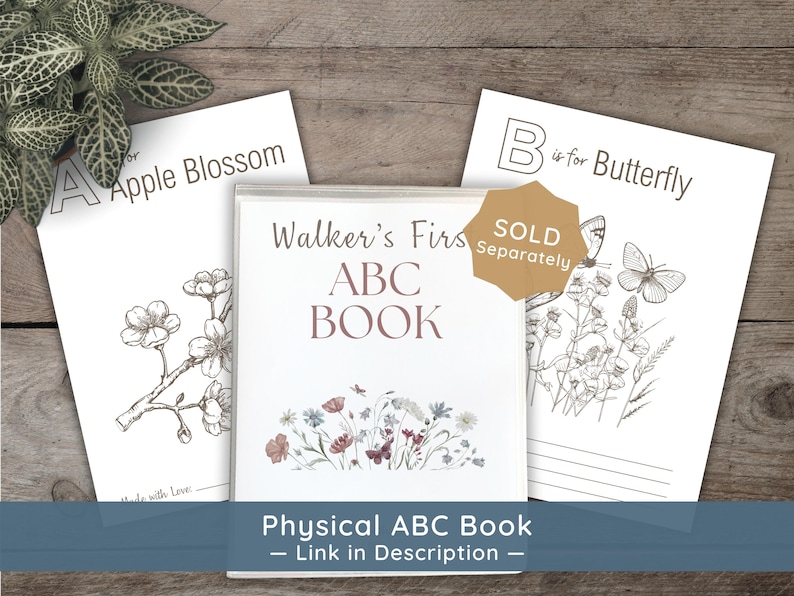 A mockup of a physical, spiral-bound "ABC Book" with a custom name "Walker’s First." A "Sold Separately" badge indicates this is a different listing from the digital download.