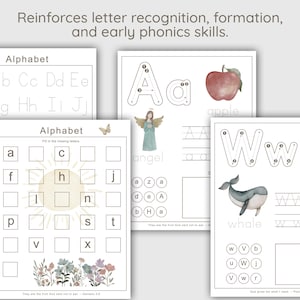 Peut inclure: Feuilles de travail &eacute;ducatives sur l'alphabet avec tra&ccedil;age de lettres, exercices &agrave; compl&eacute;ter et illustrations d'une pomme, d'un ange et d'une baleine. Con&ccedil;ues pour renforcer la reconnaissance des lettres et la phon&eacute;tique.